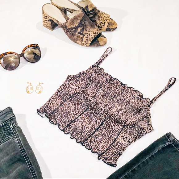 Tops - Leopard Crinkled Frill Trim Cami Top